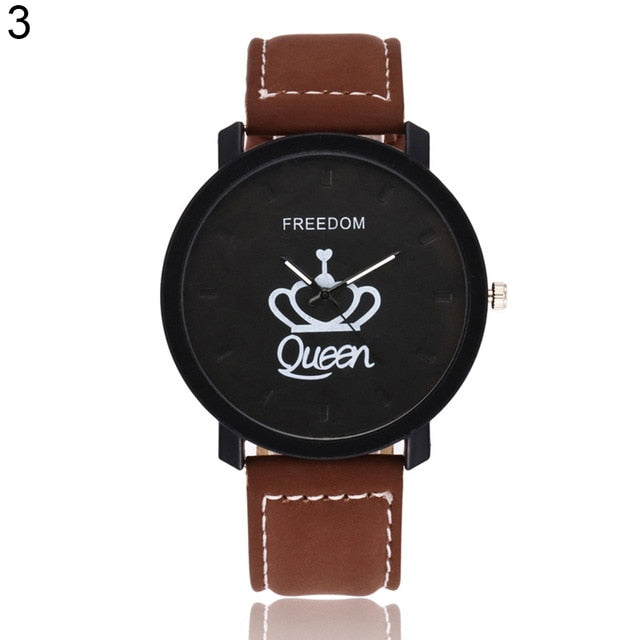 Fashion Couple Watches Queen King Crown Fuax Leather Quartz Analog Men and Women Wrist Watch Chronograph Valentine Gift