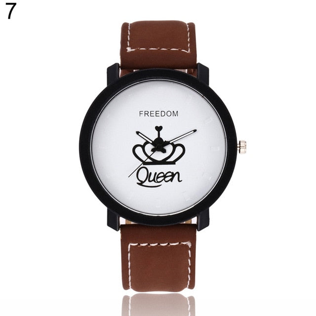 Fashion Couple Watches Queen King Crown Fuax Leather Quartz Analog Men and Women Wrist Watch Chronograph Valentine Gift