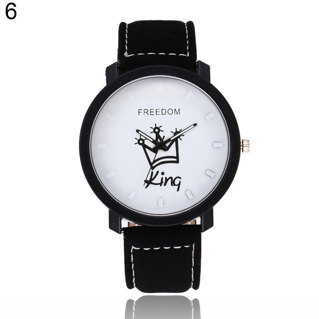 Fashion Couple Watches Queen King Crown Fuax Leather Quartz Analog Men and Women Wrist Watch Chronograph Valentine Gift