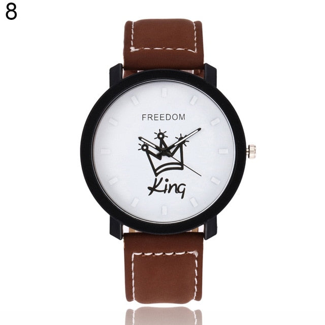 Fashion Couple Watches Queen King Crown Fuax Leather Quartz Analog Men and Women Wrist Watch Chronograph Valentine Gift