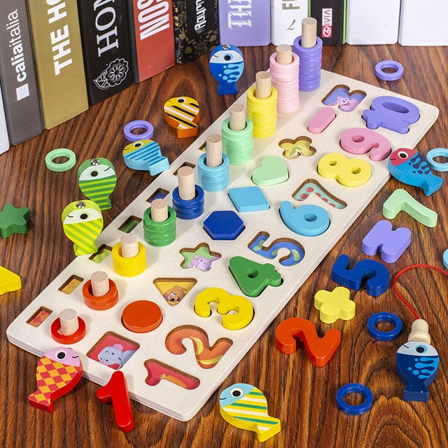 3D Preschool children educational toys wooden Montessori arithmetic magnetic fishing digital shape matching building block toys