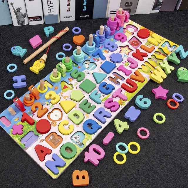 3D Preschool children educational toys wooden Montessori arithmetic magnetic fishing digital shape matching building block toys