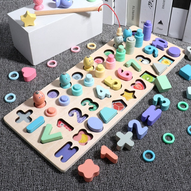 3D Preschool children educational toys wooden Montessori arithmetic magnetic fishing digital shape matching building block toys