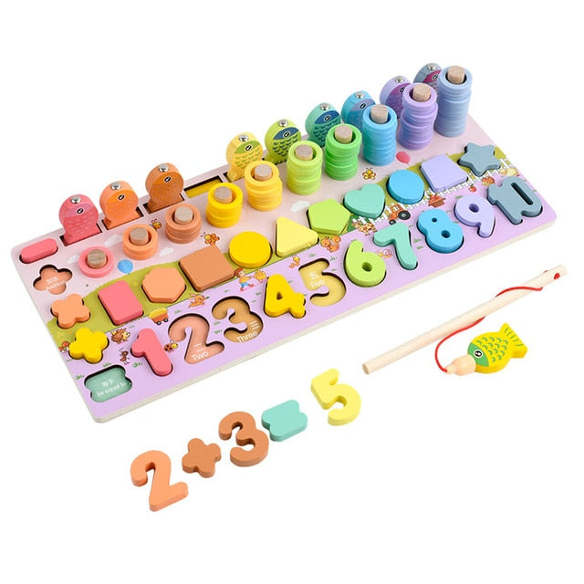 3D Preschool children educational toys wooden Montessori arithmetic magnetic fishing digital shape matching building block toys