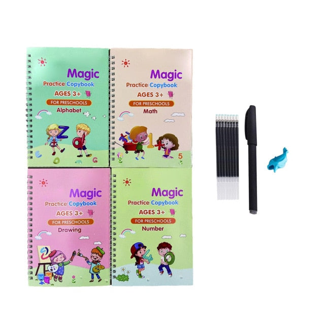 4 Books + Pen Magic Practice Copybook Free Wiping Children's Copybook Magic Magic Writing Sticker English Version