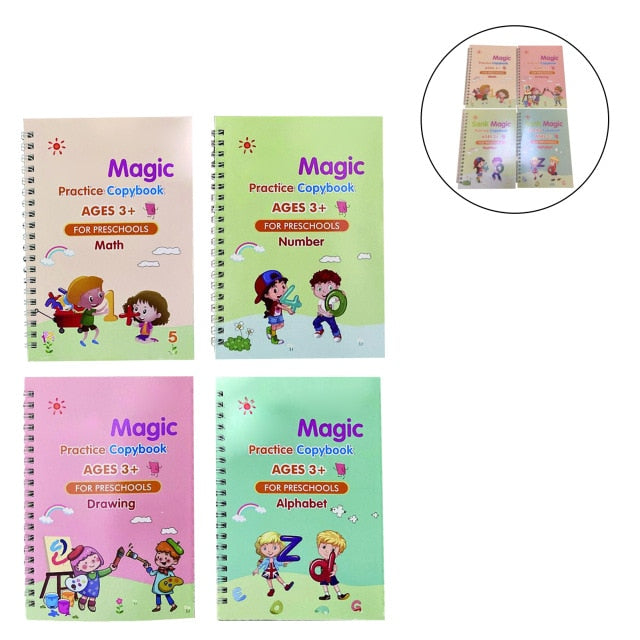 4 Books + Pen Magic Practice Copybook Free Wiping Children's Copybook Magic Magic Writing Sticker English Version