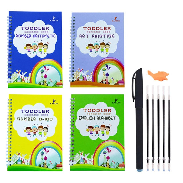 4 Books + Pen Magic Practice Copybook Free Wiping Children's Copybook Magic Magic Writing Sticker English Version