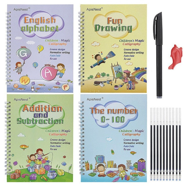 4 Books + Pen Magic Practice Copybook Free Wiping Children's Copybook Magic Magic Writing Sticker English Version