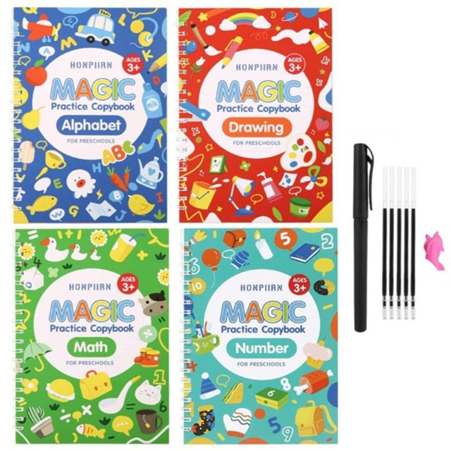 4 Books + Pen Magic Practice Copybook Free Wiping Children's Copybook Magic Magic Writing Sticker English Version